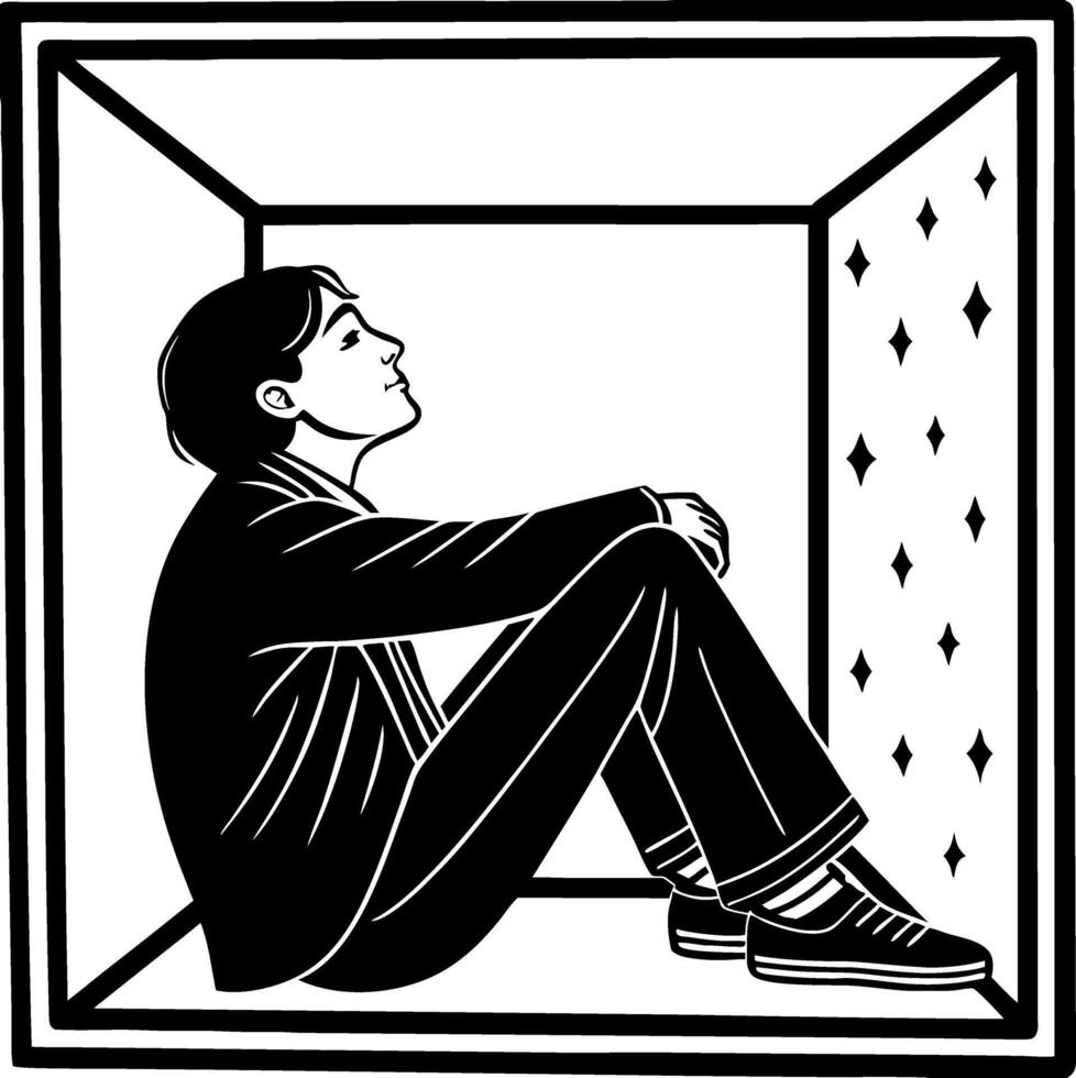 Contemplative Man Sitting Inside a Box Representing Isolation and Reflection vector
