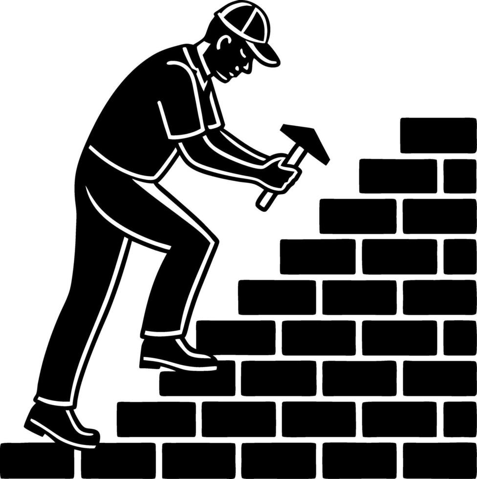 Construction Worker Building Wall with Hammer and Bricks for Home Improvement Projects vector