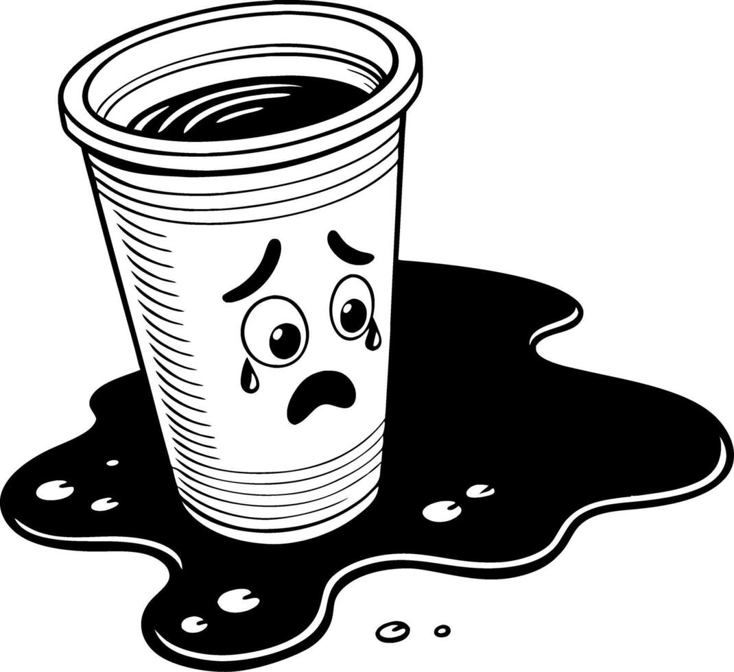 Sad Cartoon Coffee Cup with Spilled Liquid and Tearful Expression for Fun Illustrations vector