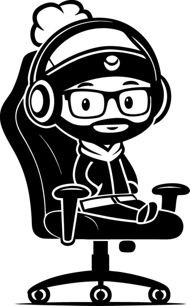 Cute Cartoon Gamer Character Sitting on Office Chair with Headphones and Glasses vector