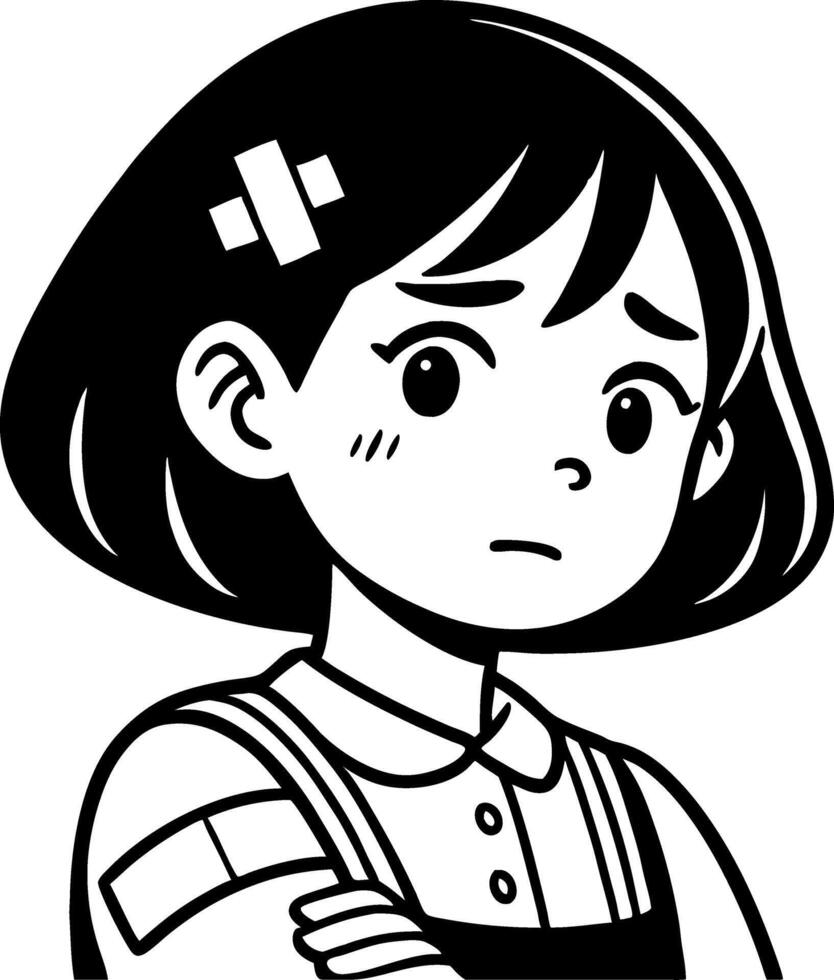 Sad Girl Illustration with Short Hair and Sad Expression for Tattoo Design and Coloring Books vector