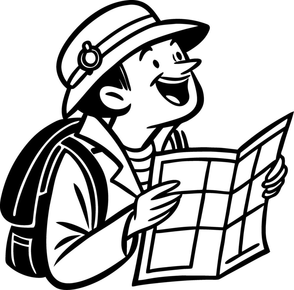 Cheerful Traveler Holding Map Ready for Adventure with Backpack and Hat vector
