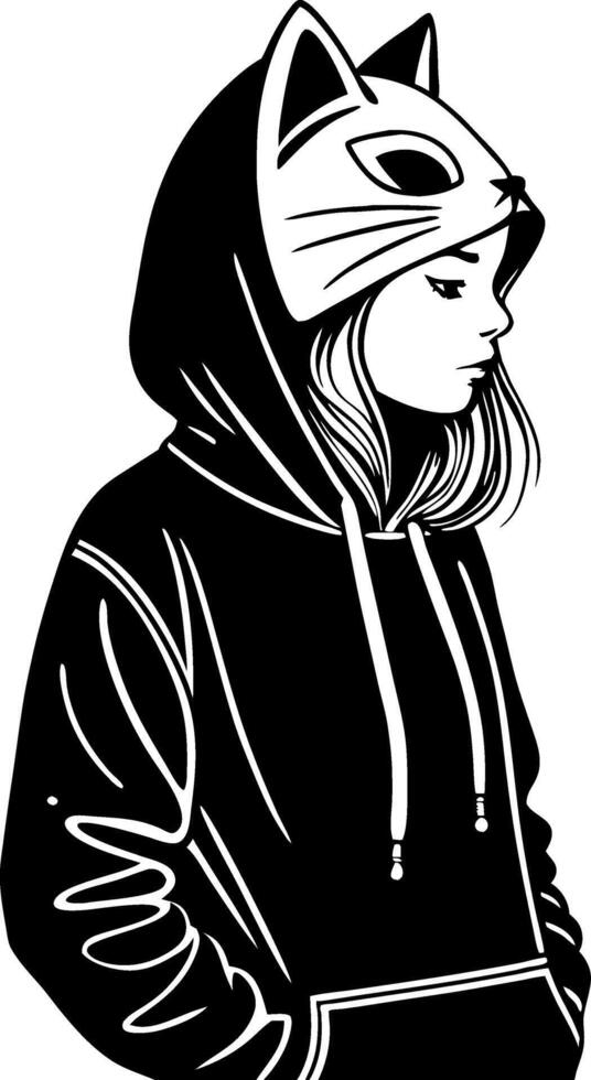 Stylish Girl in Cat Hoodie Art for Creative Projects and Tattoo Designs vector