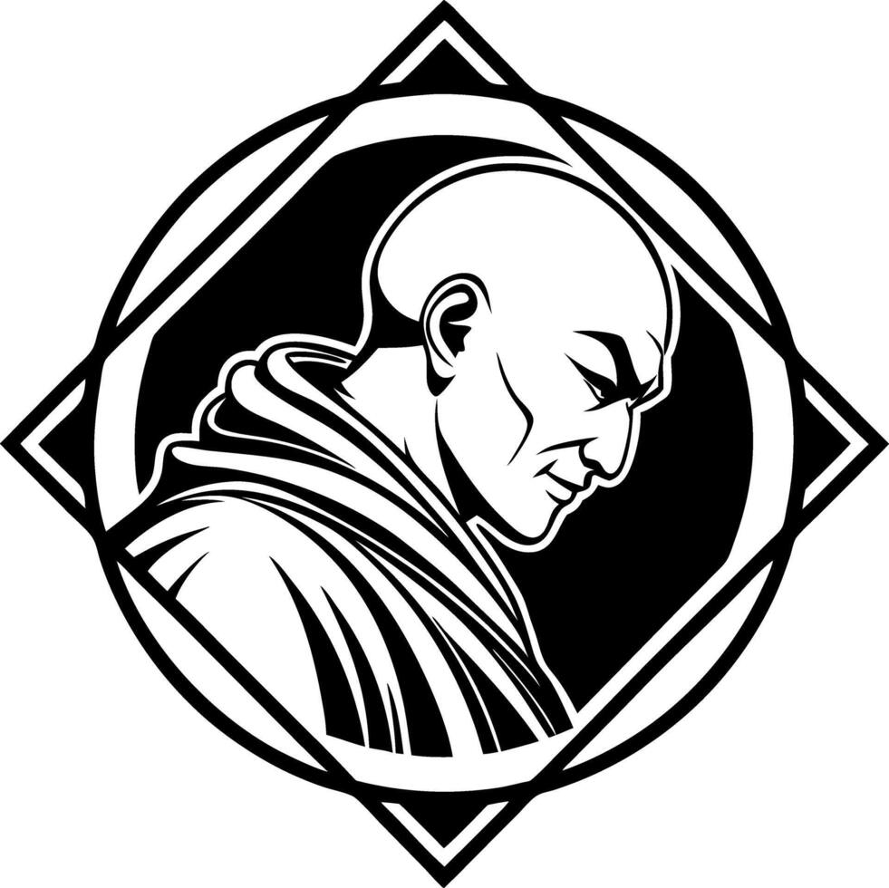 Monk Profile Silhouette in Circular Frame for Spiritual Art and Tattoo Design vector