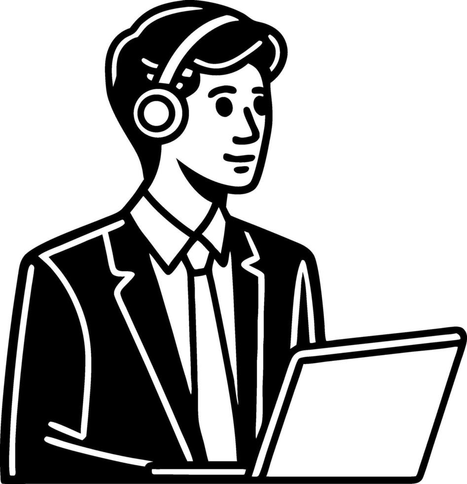 Professional Man with Headphones Working on Laptop in Business Suit for Remote Work Designs vector
