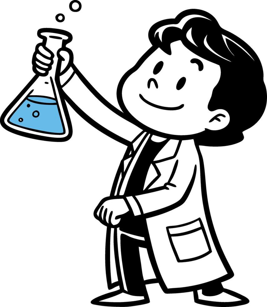 Cheerful Cartoon Boy Scientist Holding Blue Laboratory Flask for Educational Themes vector