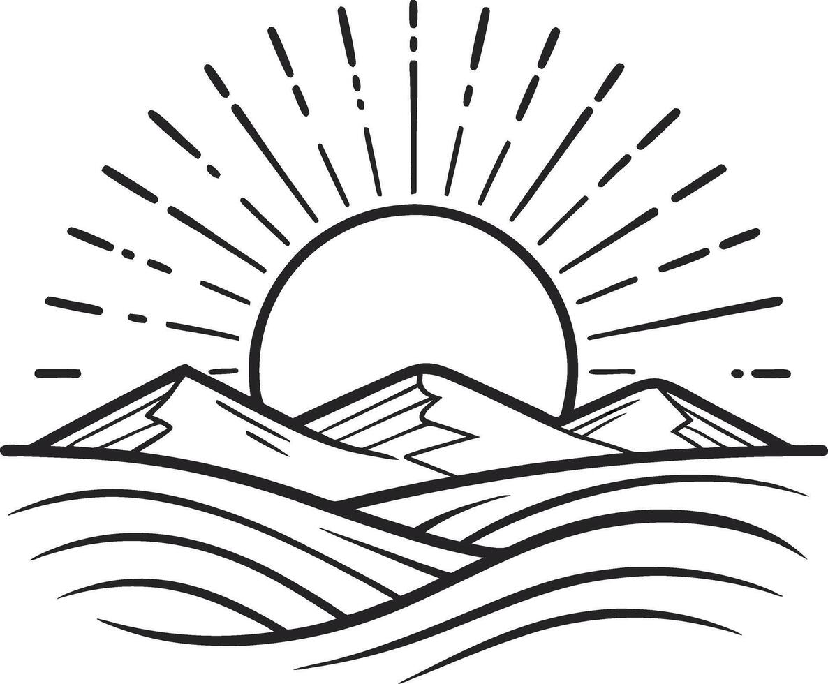 Sunrise Over Mountains and Waves Minimalist Line Art for Nature Lovers and Tattoo Designs vector