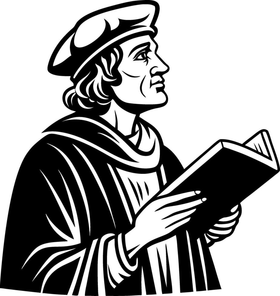 Intellectual Scholar Holding Book in Classic Attire Black and White Illustration vector