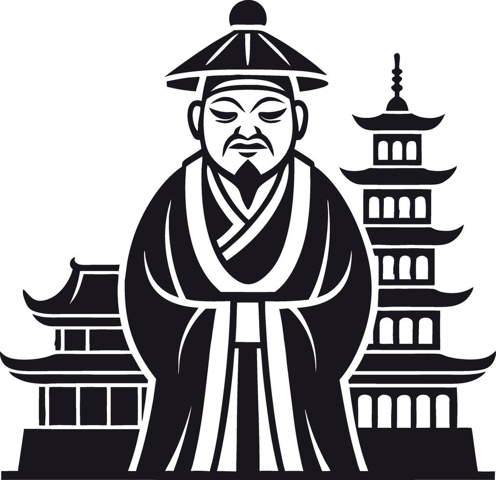 Elegant Asian Scholar Figurine with Traditional Architecture Elements for Cultural Design vector