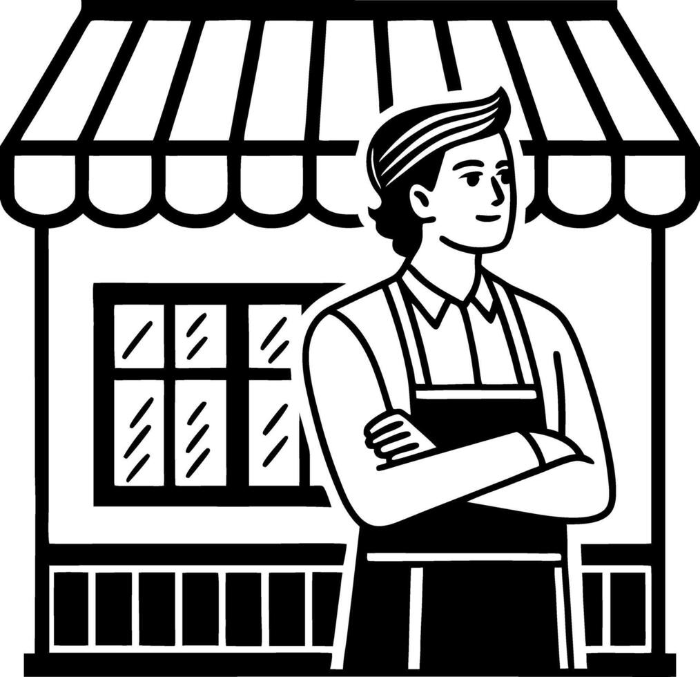 Confident Shopkeeper Standing in Front of Storefront with Awning and Window Design vector