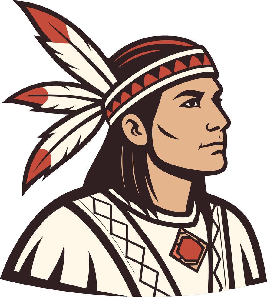 Native American Warrior Profile with Feathered Headdress Traditional Cultural Design vector