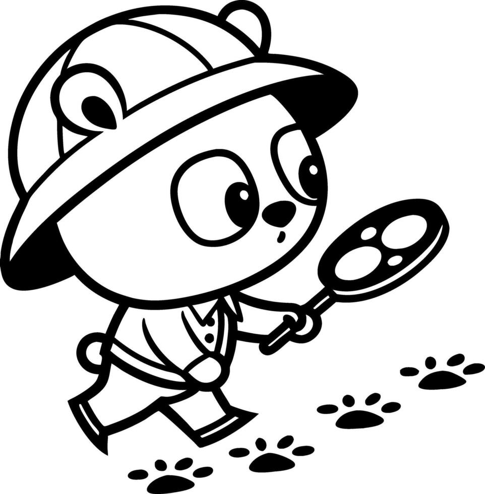 Cute Panda Explorer with Magnifying Glass Following Animal Tracks in Playful Adventure Scene vector