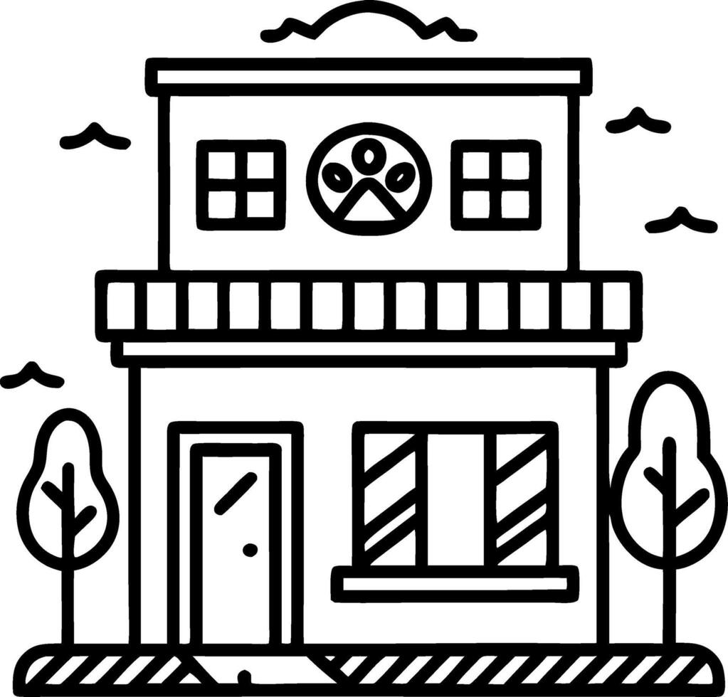 Charming Pet Care Center with Trees and Clouds Perfect for Illustrations and Coloring Books vector