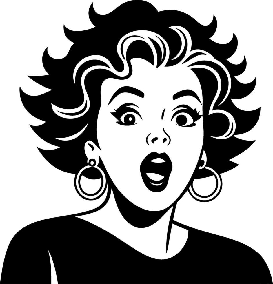 Surprised Woman with Curly Hair and Big Earrings in Black and White Retro Style vector
