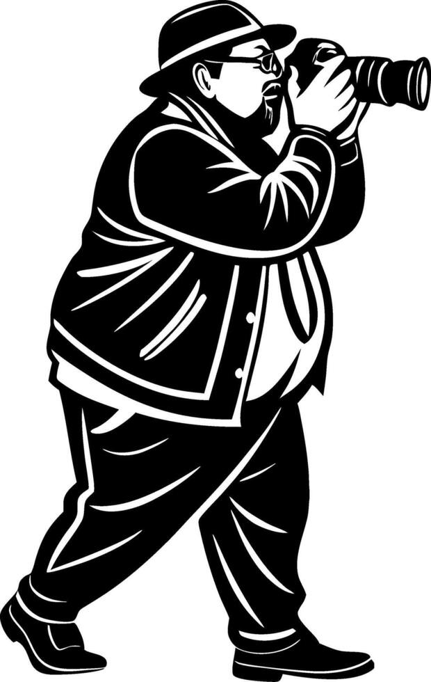 Plump grapher Capturing Moments with Camera Stylish Attire and Focused Expression vector