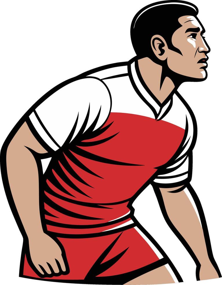 Dynamic Male Soccer Player in Red and White Uniform Ready for Action vector