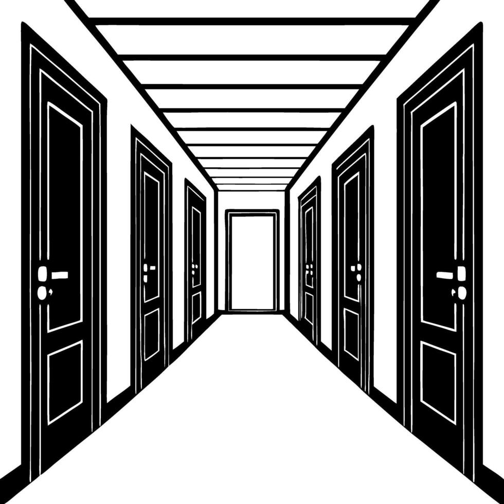 Long Perspective Hallway with Multiple Black Doors and Empty Center for Background Use vector