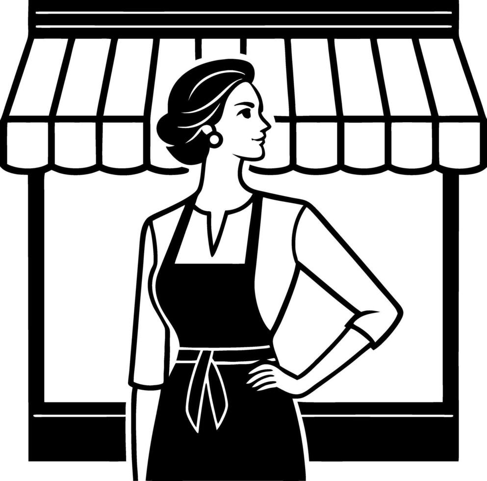 Stylish Woman in Apron Standing Before Rustic Shopfront Illustration vector