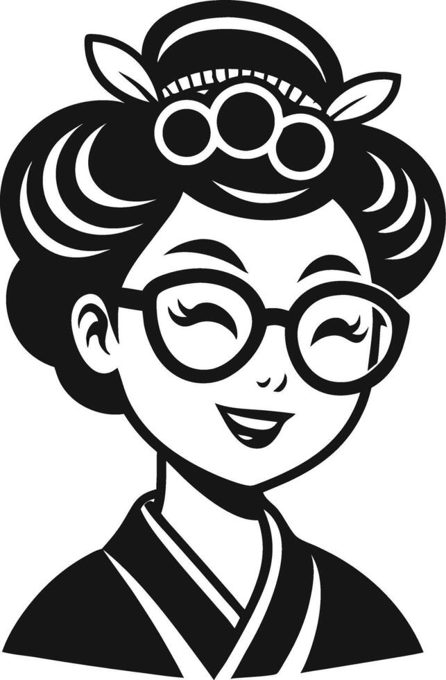 Happy Young Woman with Glasses and Traditional Hair Style in a Japanese Kimono vector