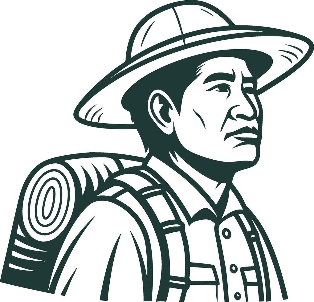 Explorer Portrait with Backpack and Hat for Outdoor Adventure Theme vector