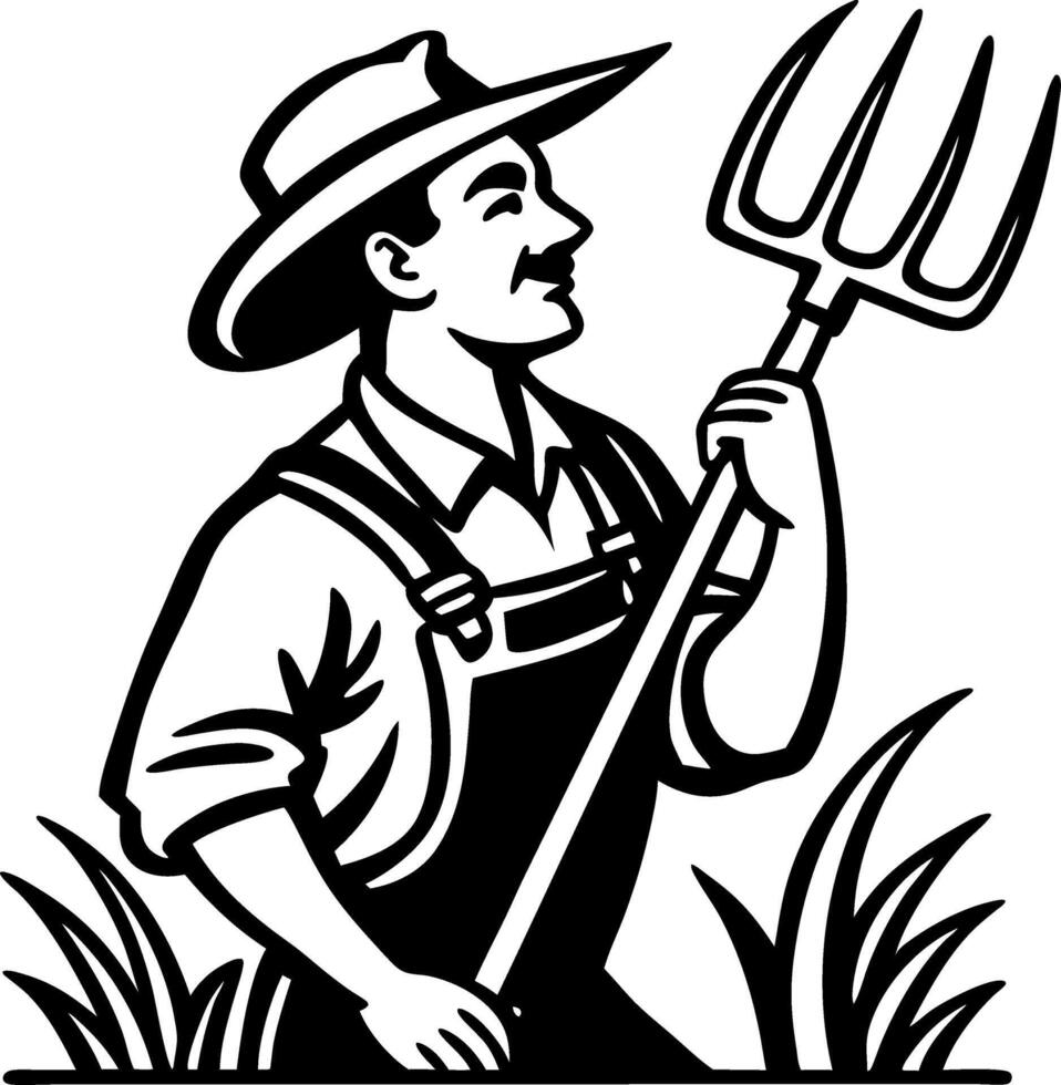 Vintage Farmer Holding Pitchfork in Overalls with Grassy Background vector