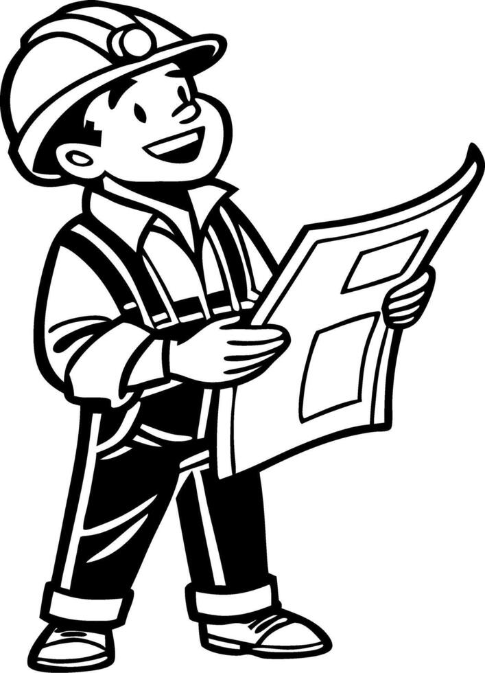 Cheerful Cartoon Builder Character Holding Blueprints for Construction Projects vector