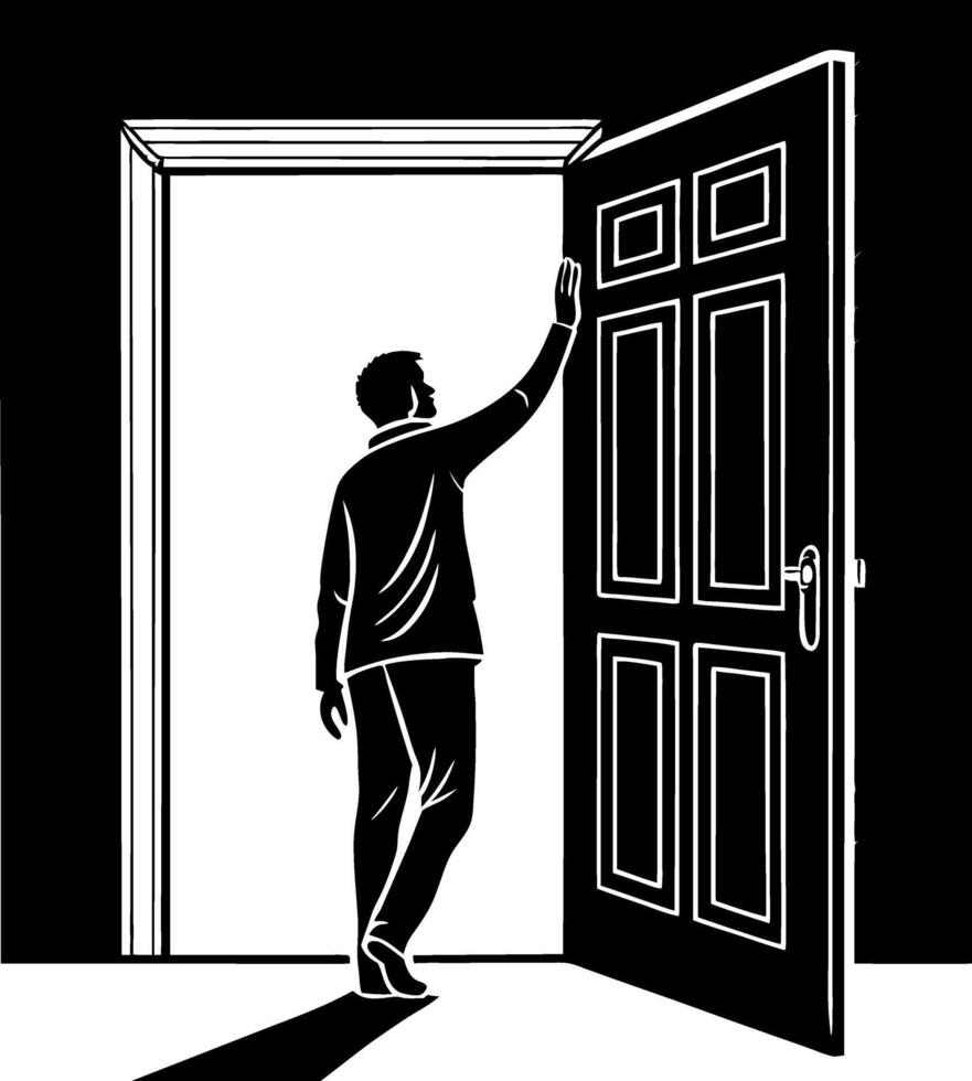 Man Opening Door Symbolizing New Beginnings and Opportunities in Life and Change vector