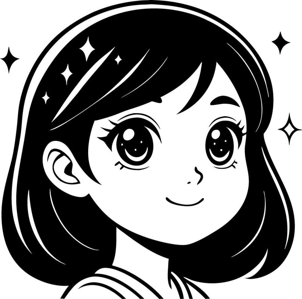 Cute Girl Character with Sparkling Eyes Ideal for Coloring Book or Tattoo Design vector