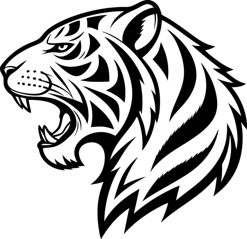 Fierce Black and White Tiger Head Illustration with Tribal Patterns for Tattoo and Art Projects vector