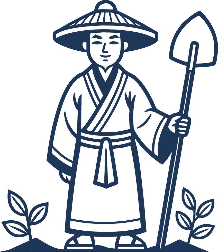 Traditional Asian Farmer with Shovel Surrounded by Green Plants Design vector