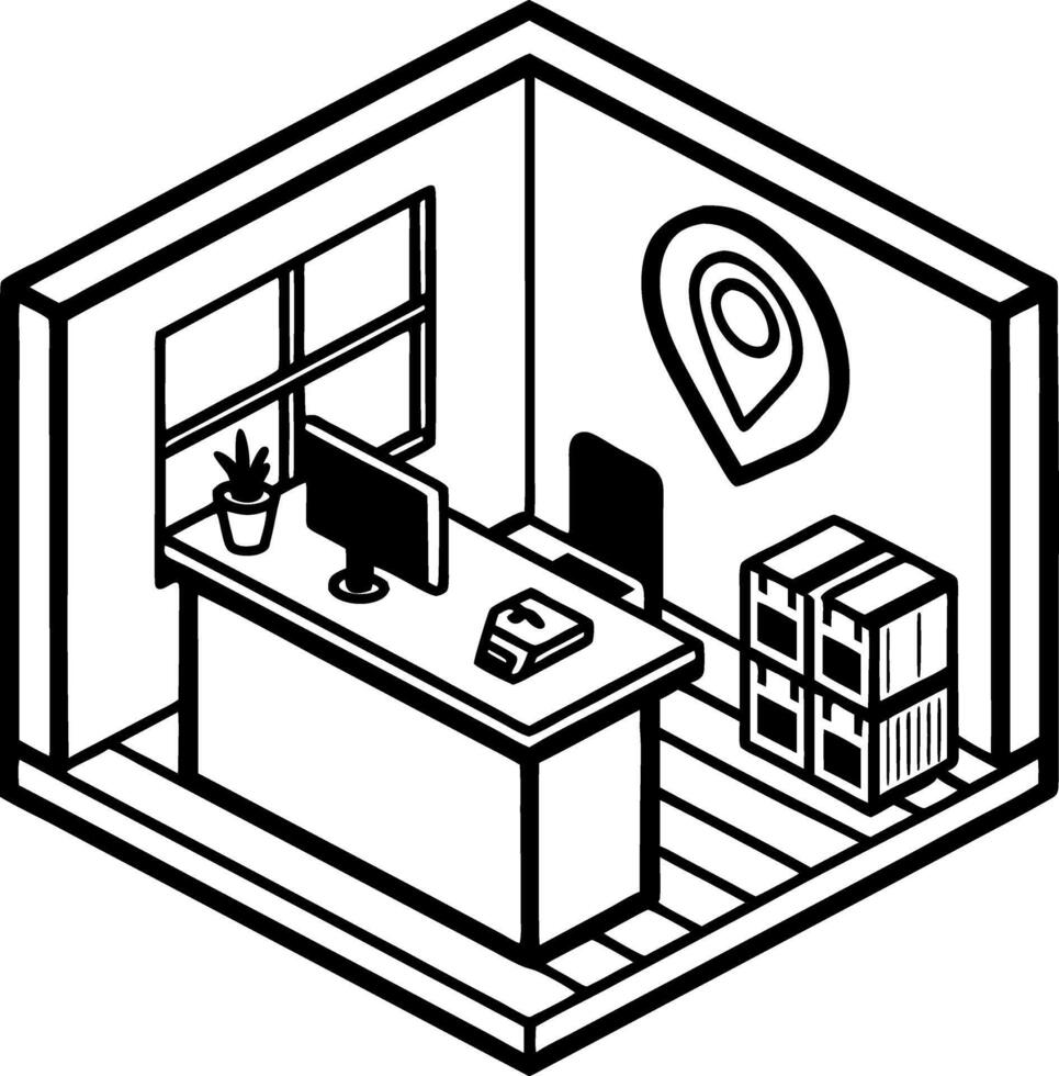Modern Isometric Office Workspace Design with Desk Computer Plant and Storage Boxes vector