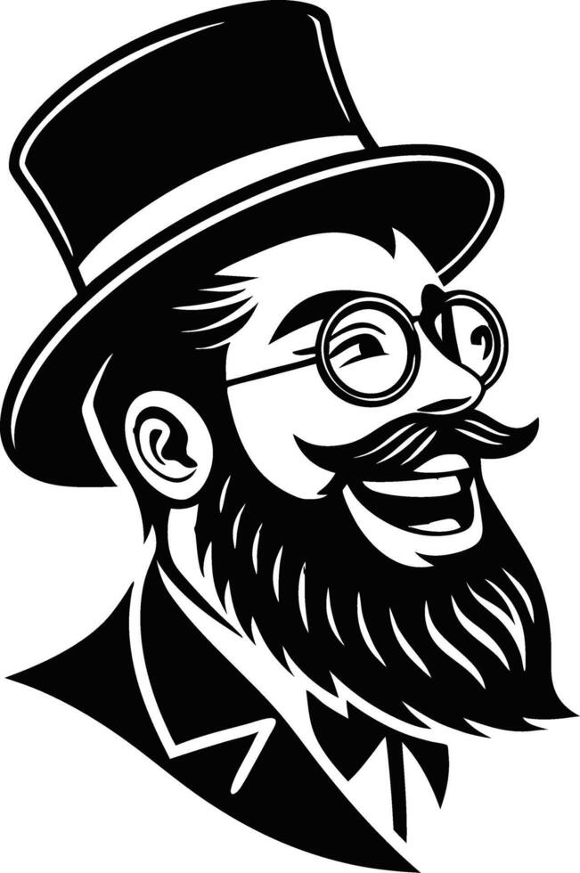 Vintage Gentleman Portrait with Beard and Top Hat for Retro Styling and Tattoo Design vector