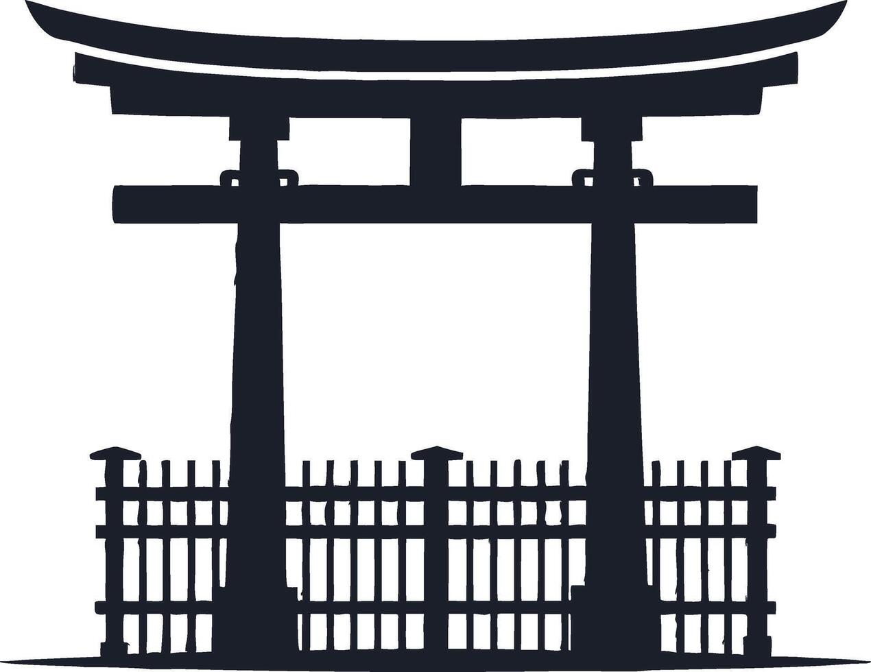 Japanese Torii Gate Silhouette with Fence for Cultural Design and Decorative Applications vector