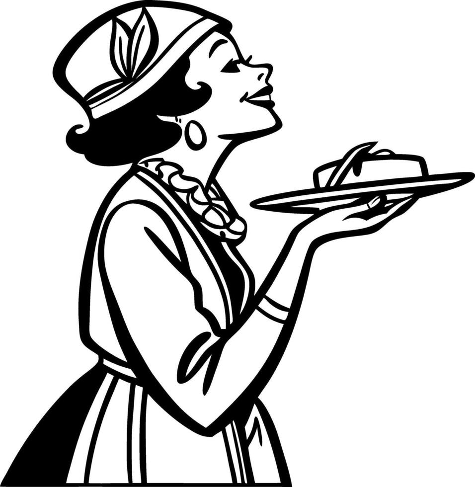 Elegant Retro Woman Serving Dessert on Plate Vintage Style Kitchen Illustration vector