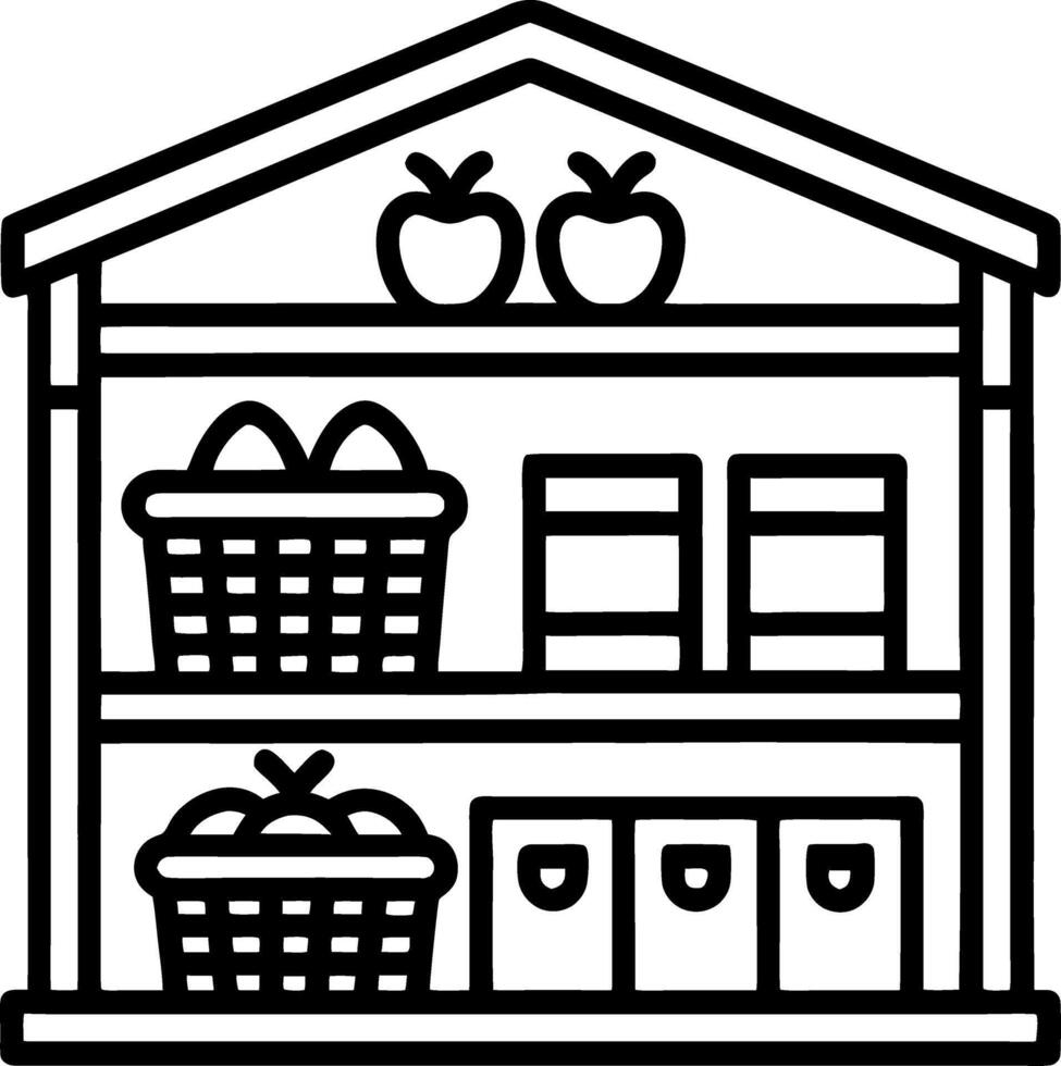 Simple Line Art Grocery Shelf with Baskets Fruits and Eggs Kitchen Decor for Coloring Book vector