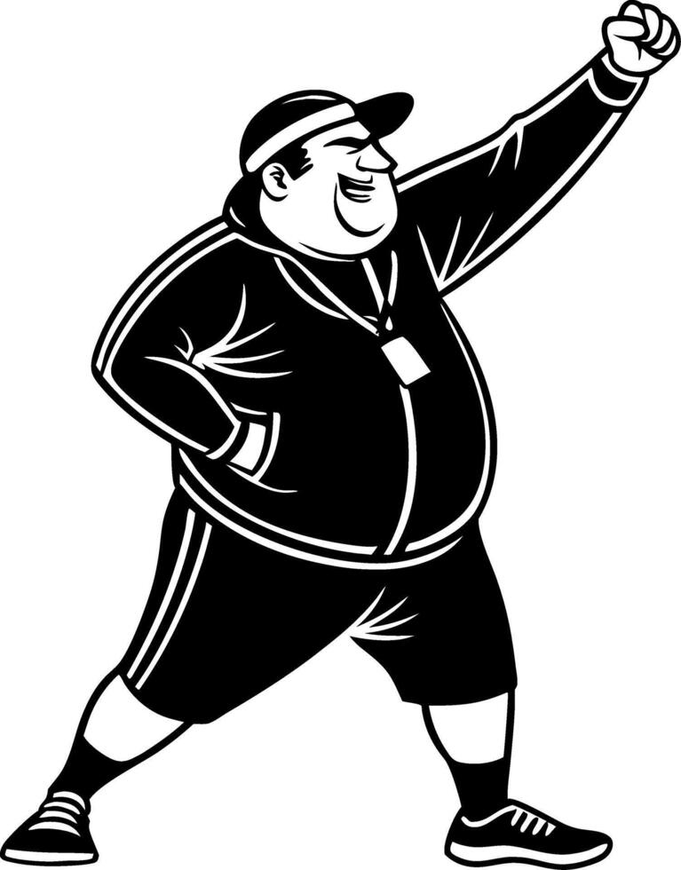 Cheerful Sport Coach Character Raising Arm in Triumph Motivational Athletic Design vector