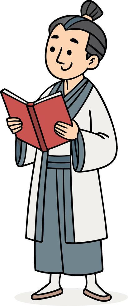 Traditional Asian Scholar Reading Book in Elegant Robe Design for Educational Illustrations vector
