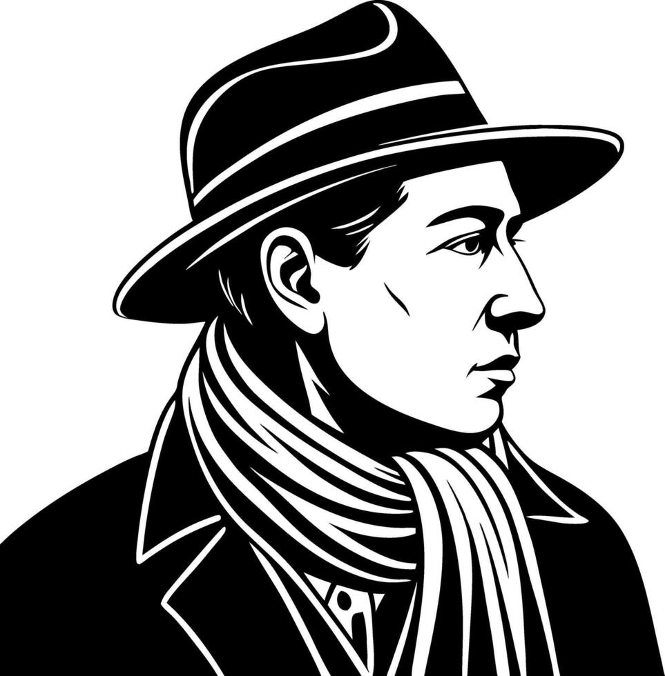 Stylish Vintage Man with Hat and Scarf Profile Illustration for Creative Projects vector