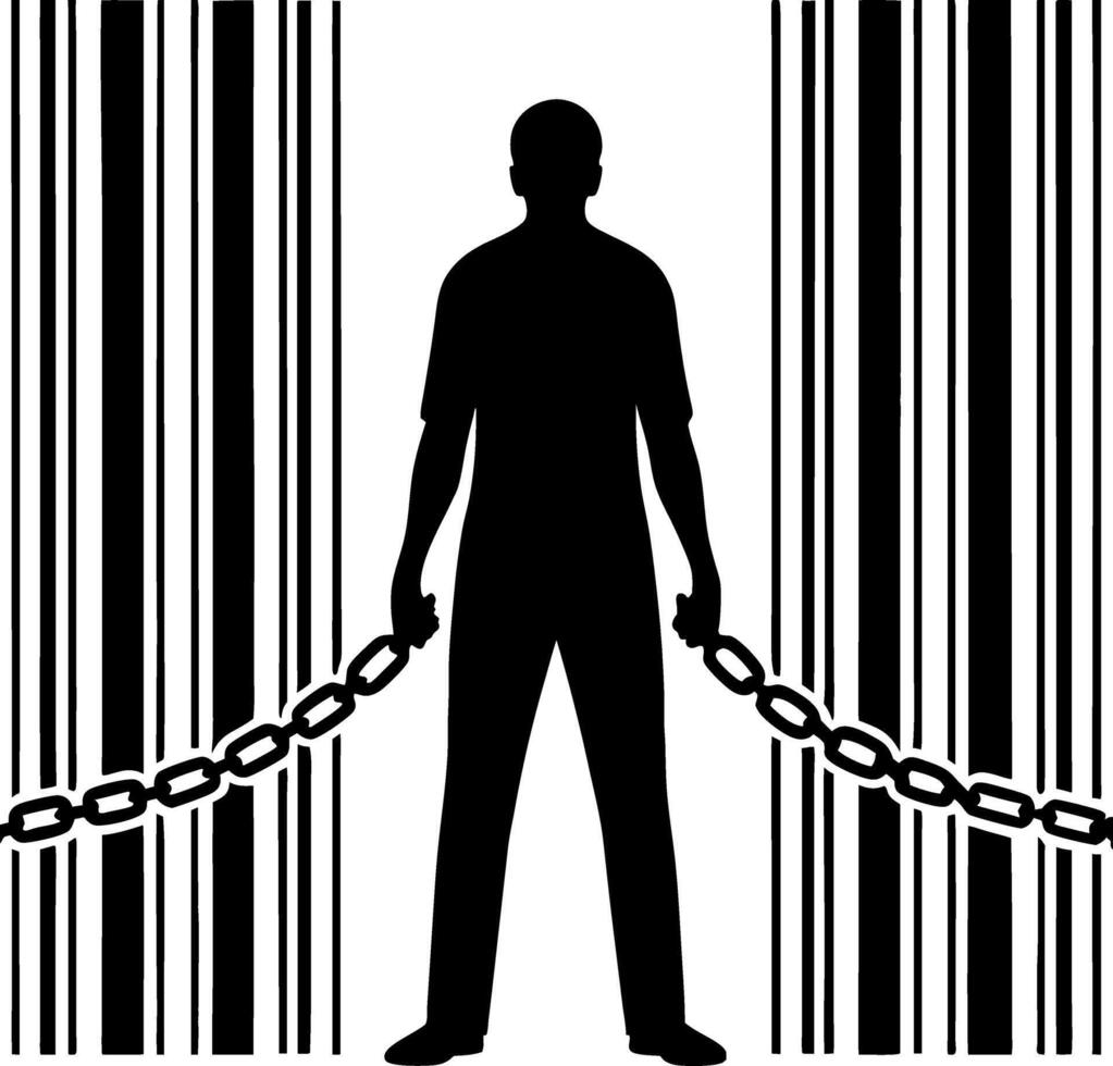 Silhouette of Man Breaking Chains Against Barcode Background Symbolizing Freedom and Liberation vector