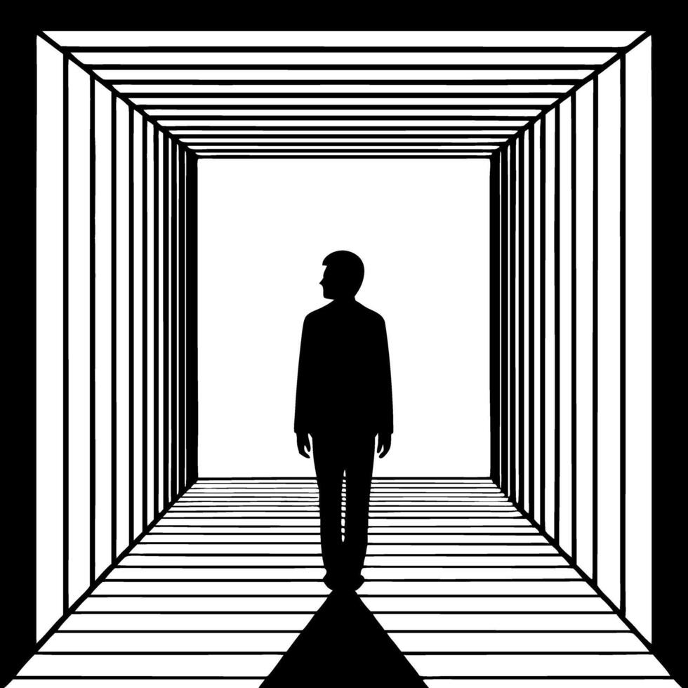 Silhouette of a Man Walking Through a Perspective Tunnel in Black and White Design vector
