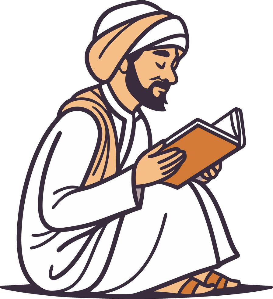 Scholarly Man Reading Book in Traditional Attire Ideal for Educational Illustrations vector