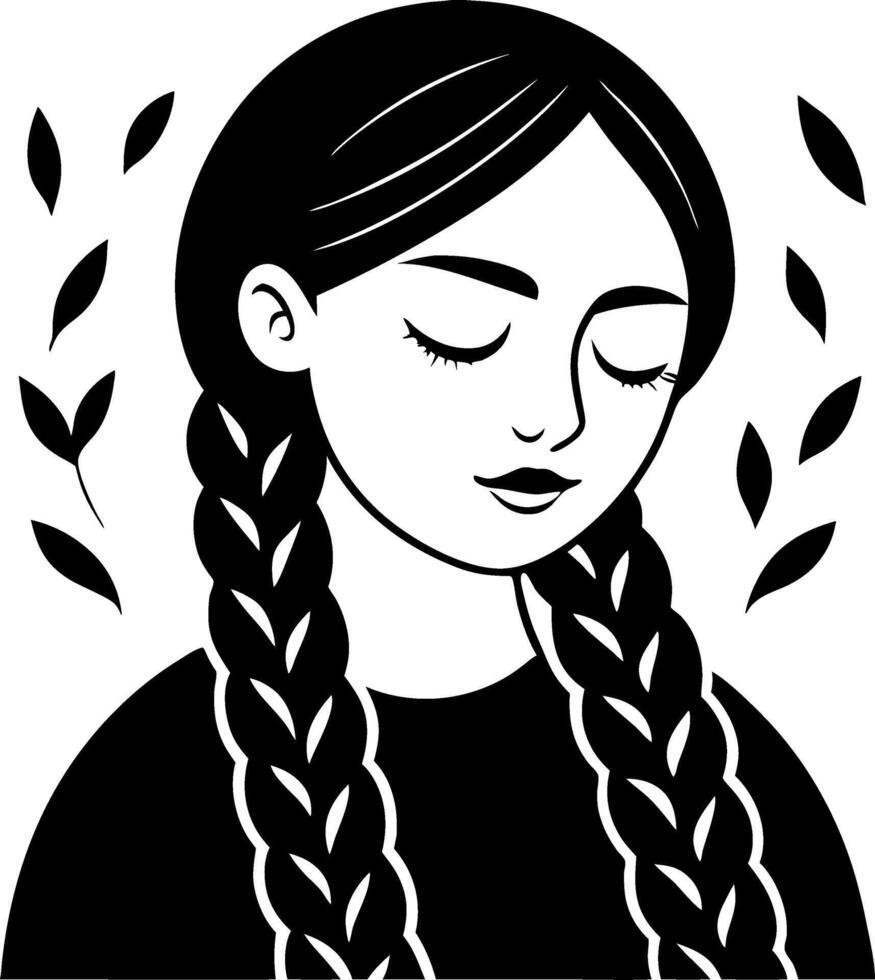 Girl with Braids and Leaves Monochrome Illustration for Tattoos and Coloring Books vector