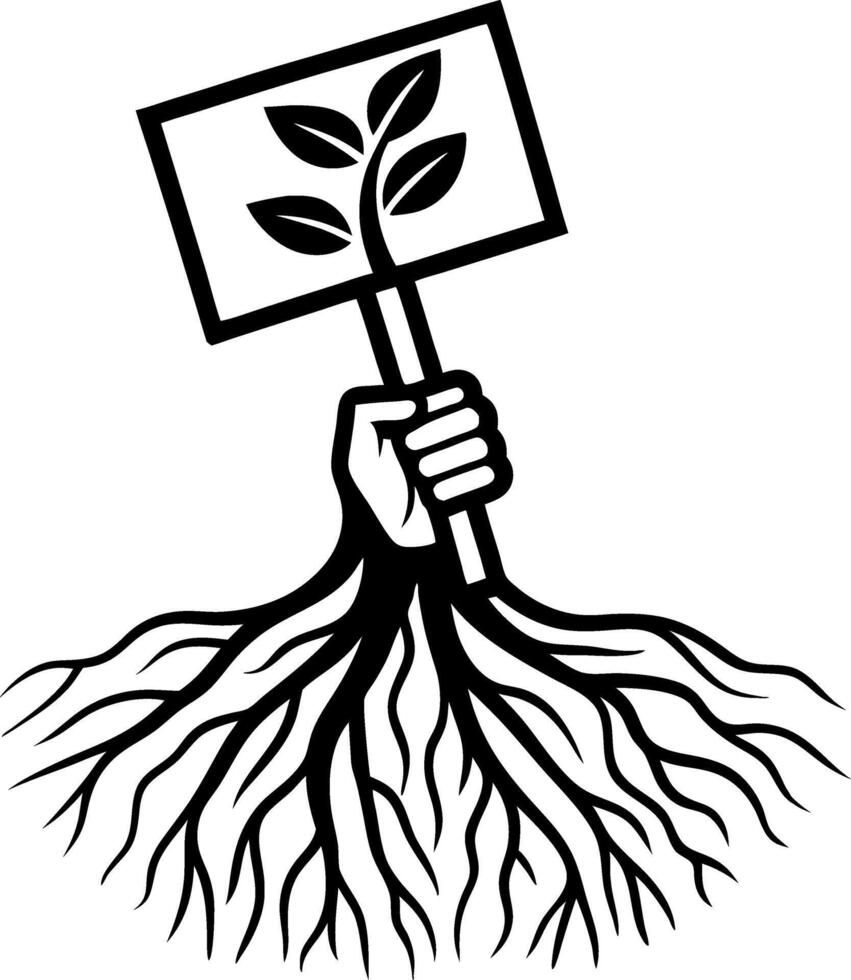 Hand Holding Sign with Leaves Emerging from Roots Symbolizing Growth and Environmental Awareness vector