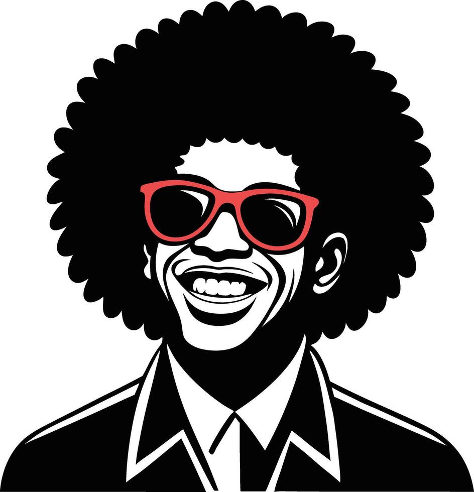 Cheerful Retro Man with Afro Hair and Sunglasses in Bold Black and White Style vector