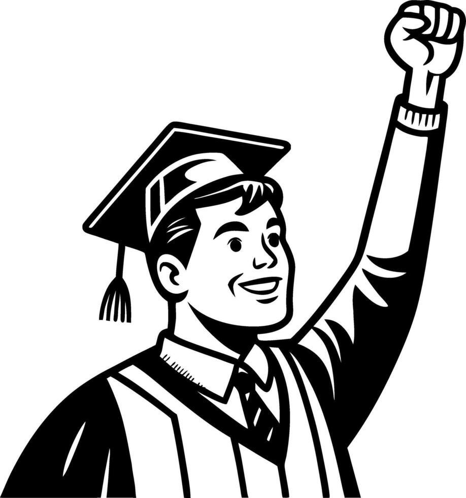 Joyful Graduate Celebrating Achievement with Raised Fist in Graduation Cap and Gown vector