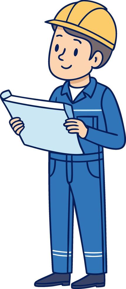 Construction Worker Reading Blueprints Cartoon Illustration for Educational and Promotional Use vector