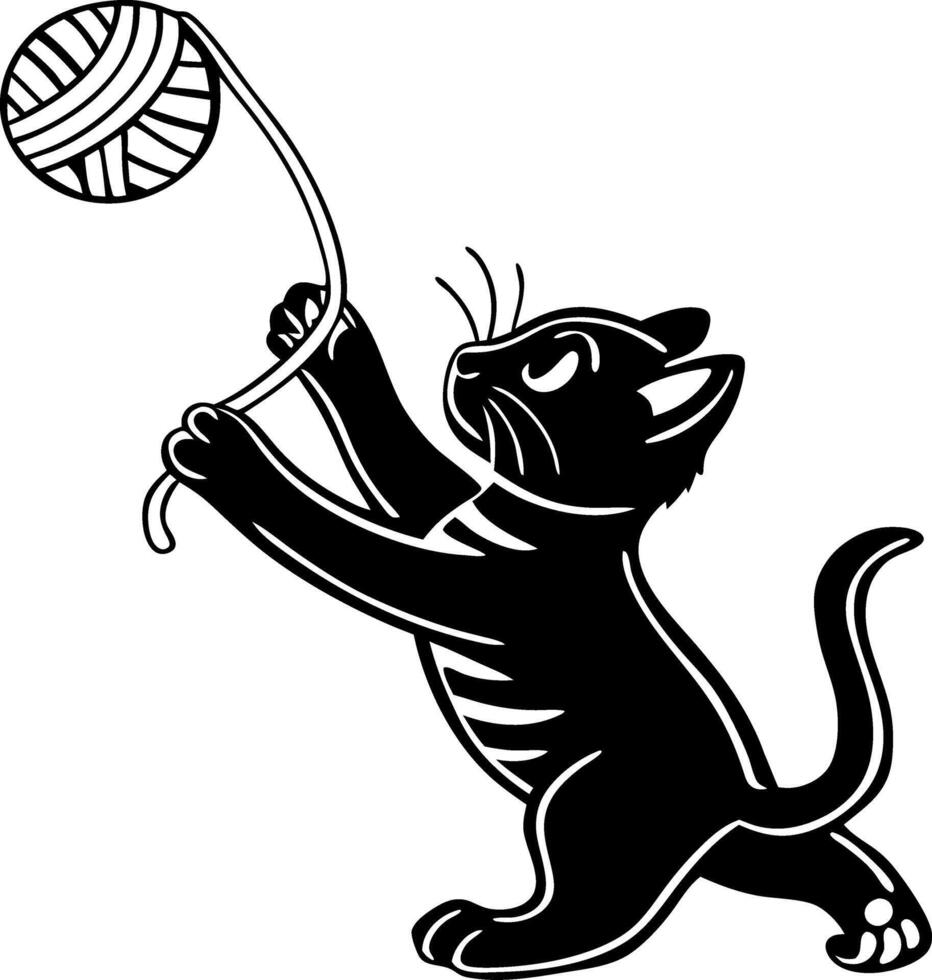 Playful Cat Silhouette Engaging with Yarn Ball for Pet Lovers and Creative Projects vector