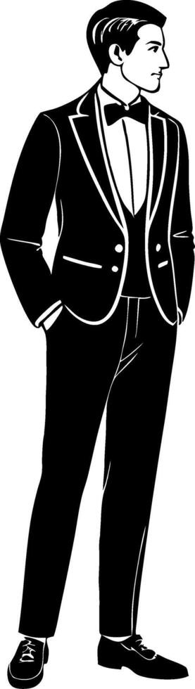 Elegant Man in Classic Tuxedo with Bow Tie Standing Confidently for Fashion and Event Themes vector