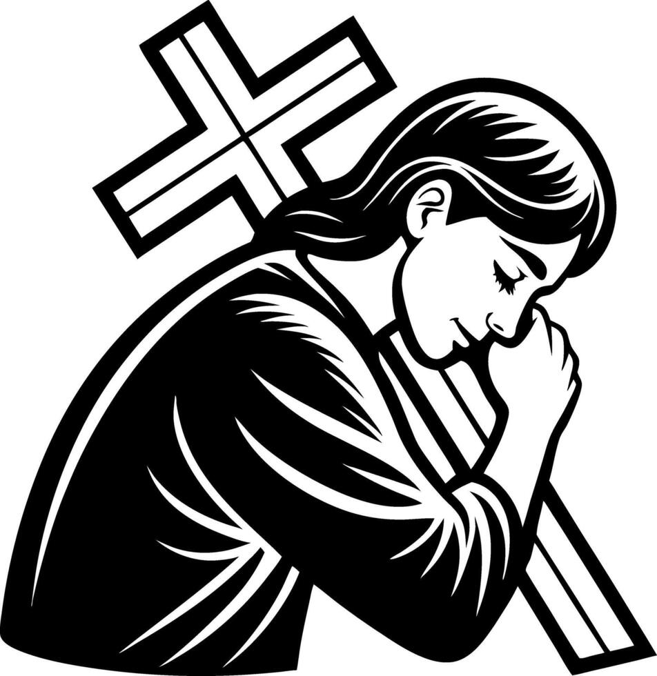 Praying Woman with Cross Symbol Illustrating Faith and Devotion Suitable for Religious Art vector