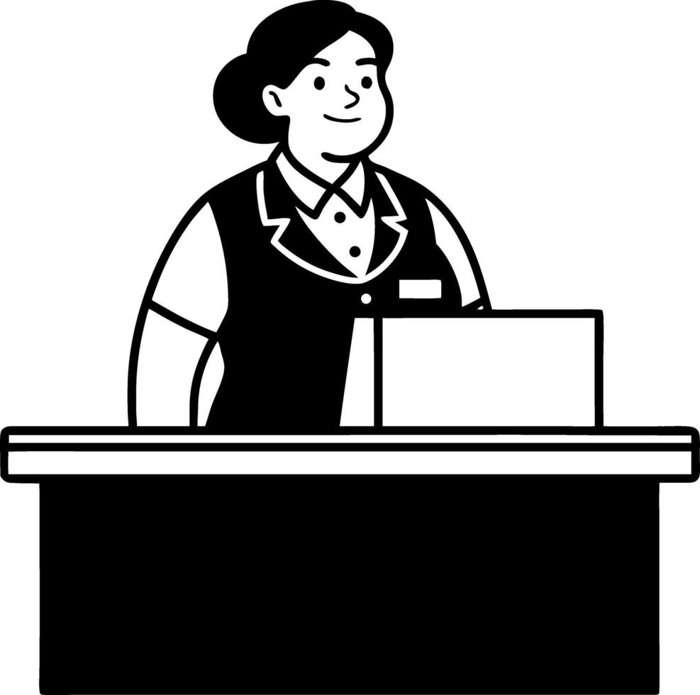 Friendly Receptionist at Front Desk with Cash Register in Modern Office Setting vector